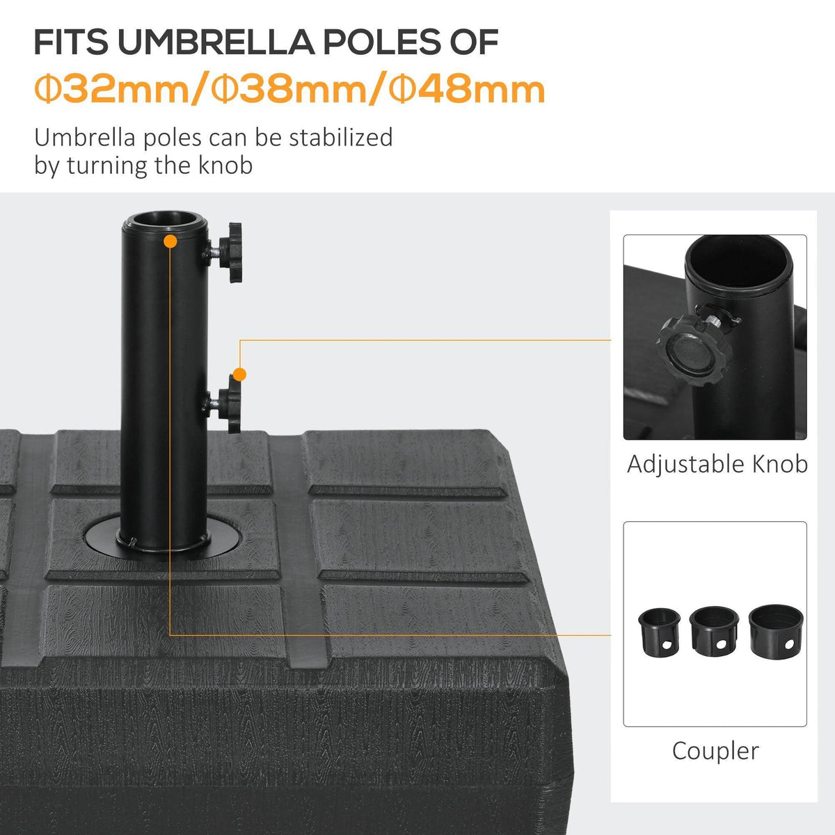 Black umbrella base with adjustable knob to secure umbrella pole, wood-effect finish