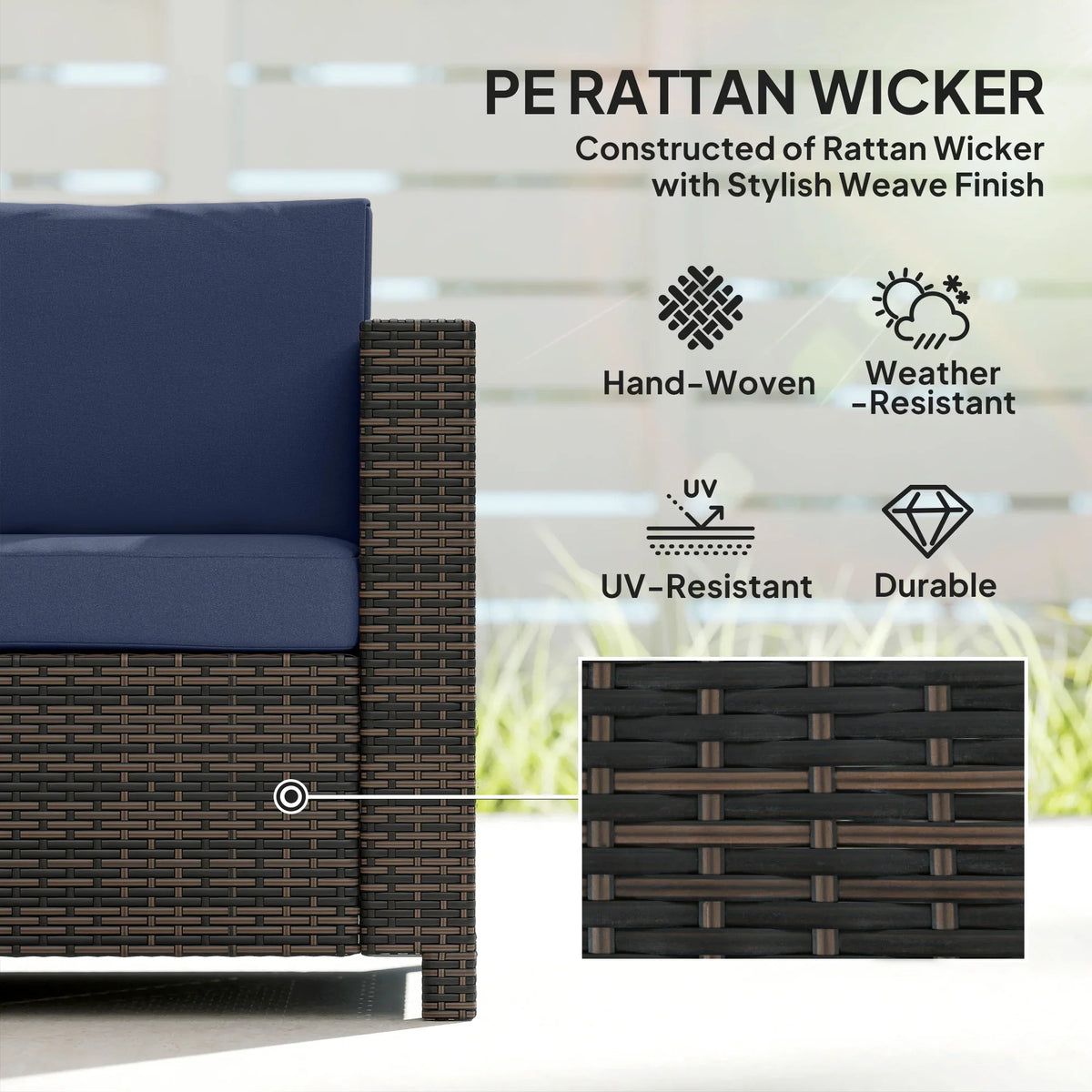 Outdoor rattan sofa arm with dark blue cushion and dark brown woven weave frame