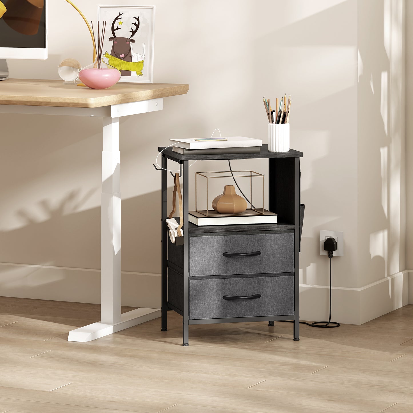 HOMCOM Bedside Table With Charging Station And USB Ports Black Nightstand With Storage