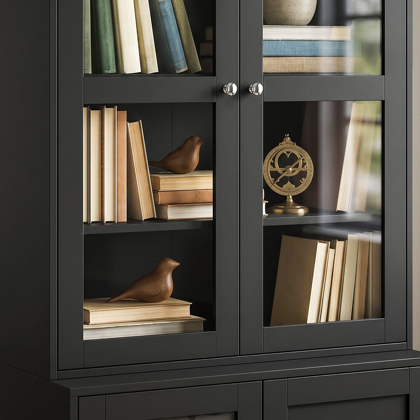 HOMCOM Modern Glass Doors Bookcase With Adjustable Shelves And Display Storage Cabinet Black