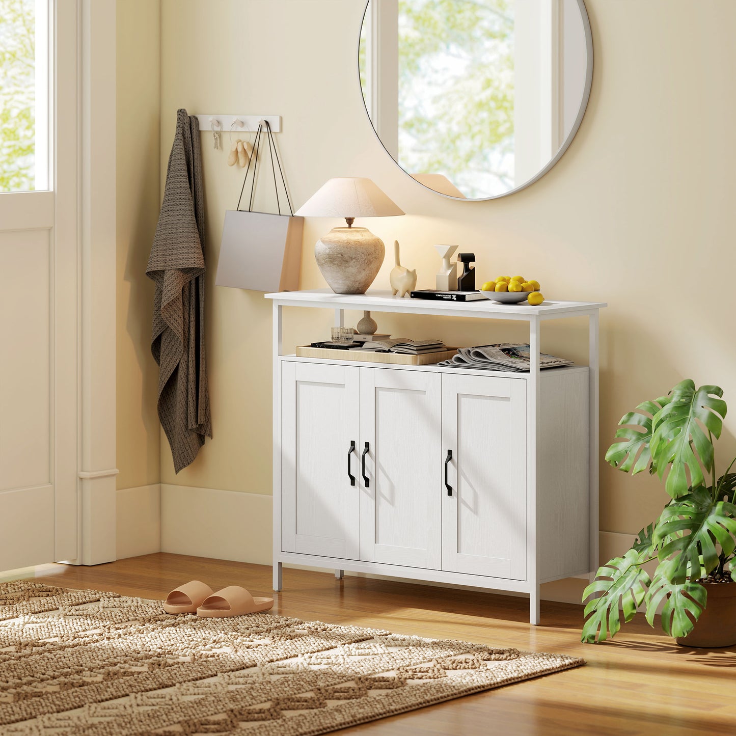 HOMCOM Industrial Kitchen Sideboard With Open Shelf And Two Cabinets, Adjustable Shelves Living Room Dining Room White