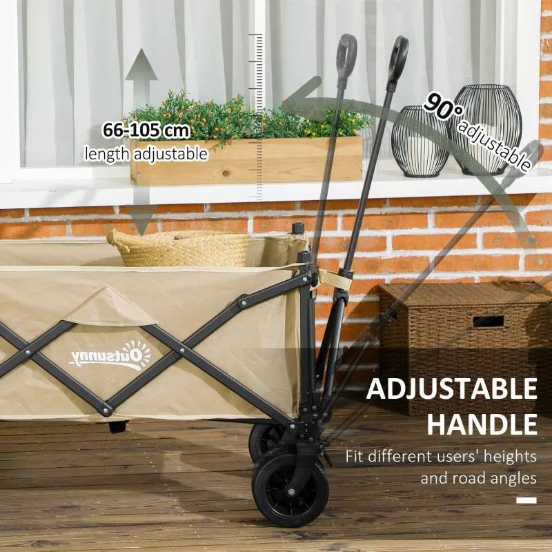 Khaki folding wagon cart with adjustable handle and black frame, four wheels