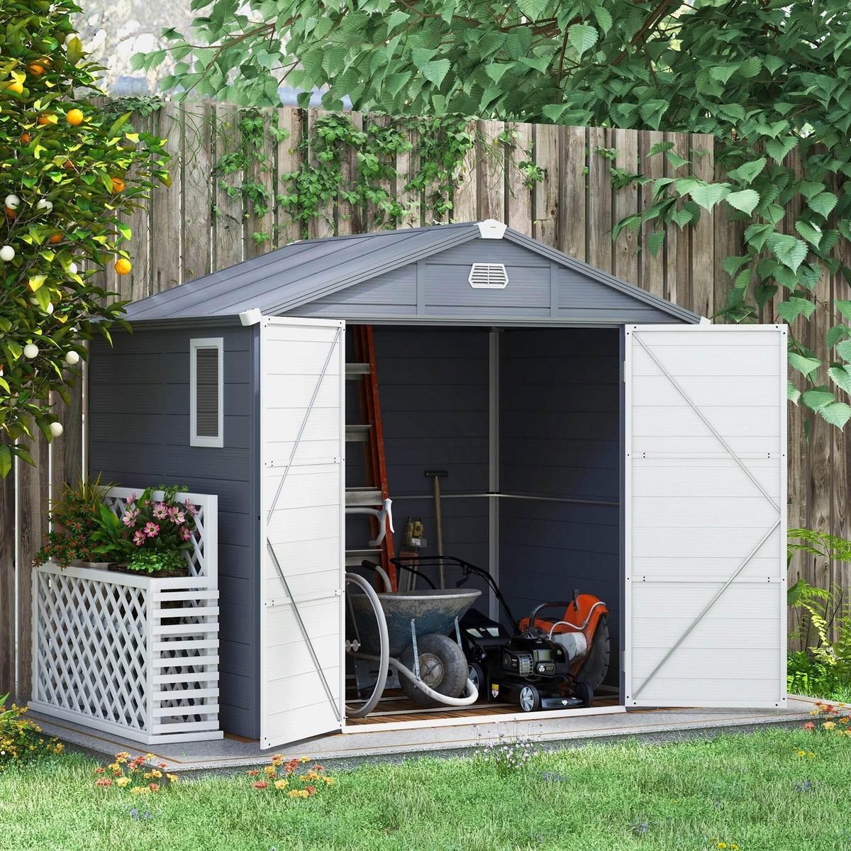 Grey polypropylene outdoor storage shed with double doors and ventilation vent panel