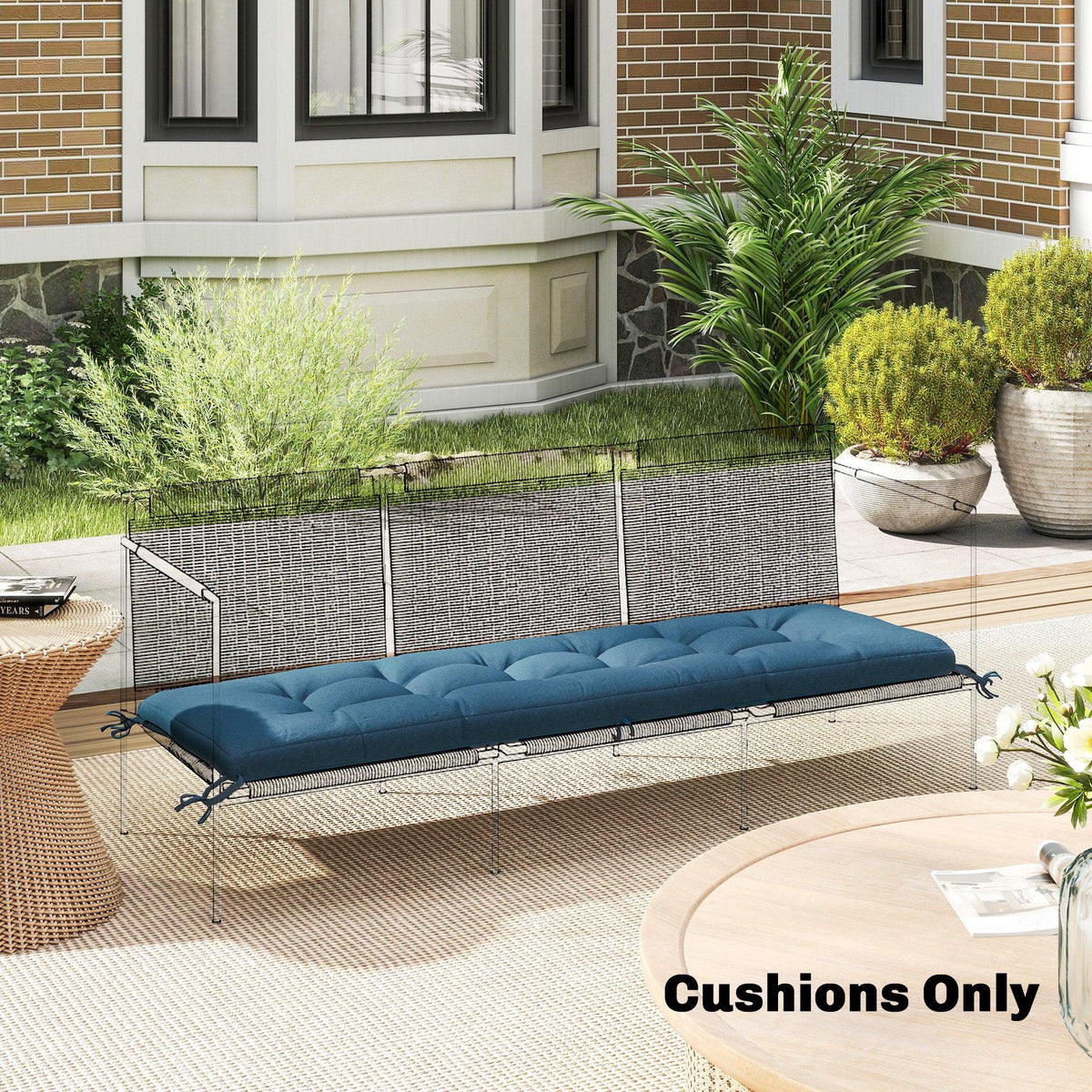 Blue memory foam sun lounger cushion with tufted channels and side tie straps