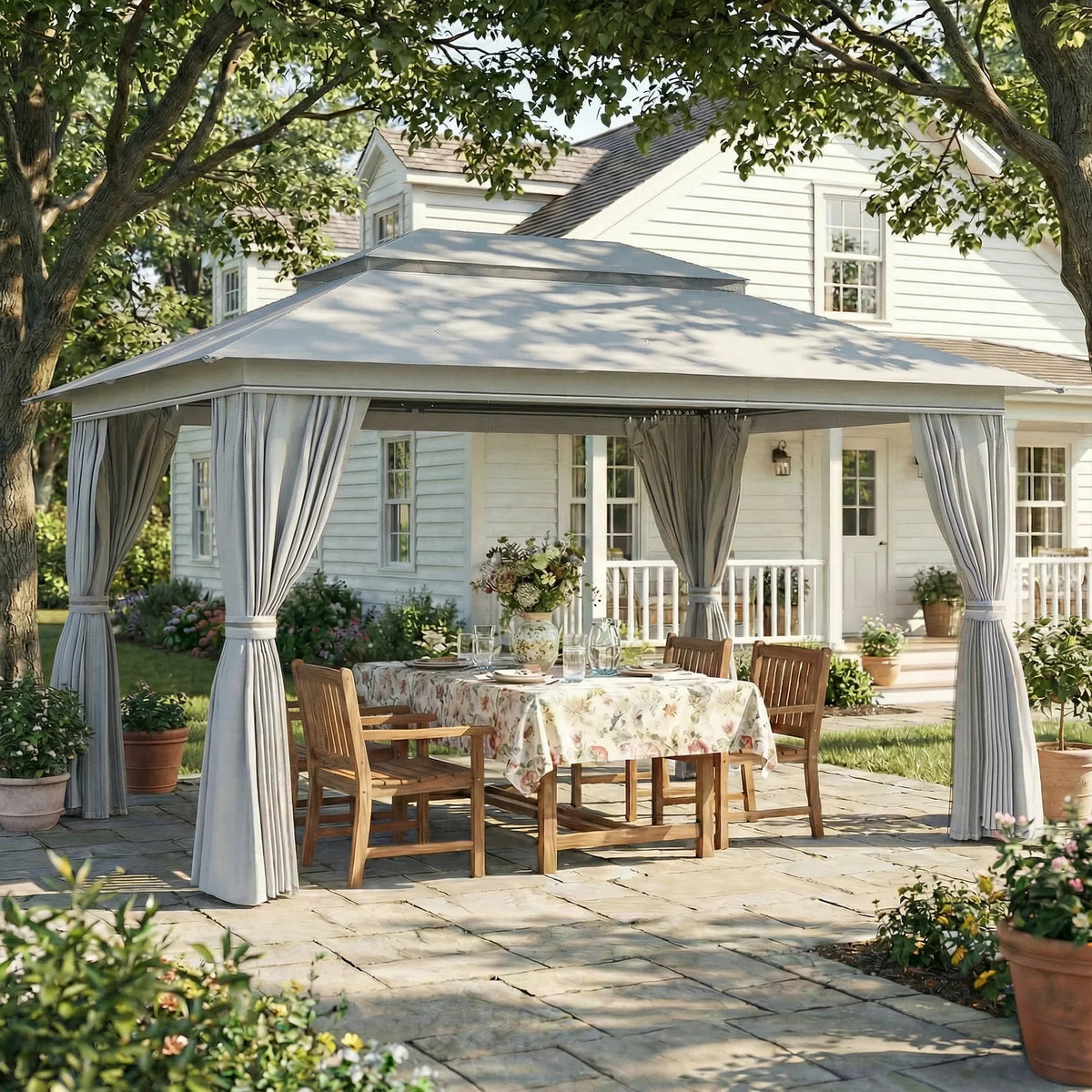 Dark grey outdoor gazebo with netting panels and hanging curtains around open sides