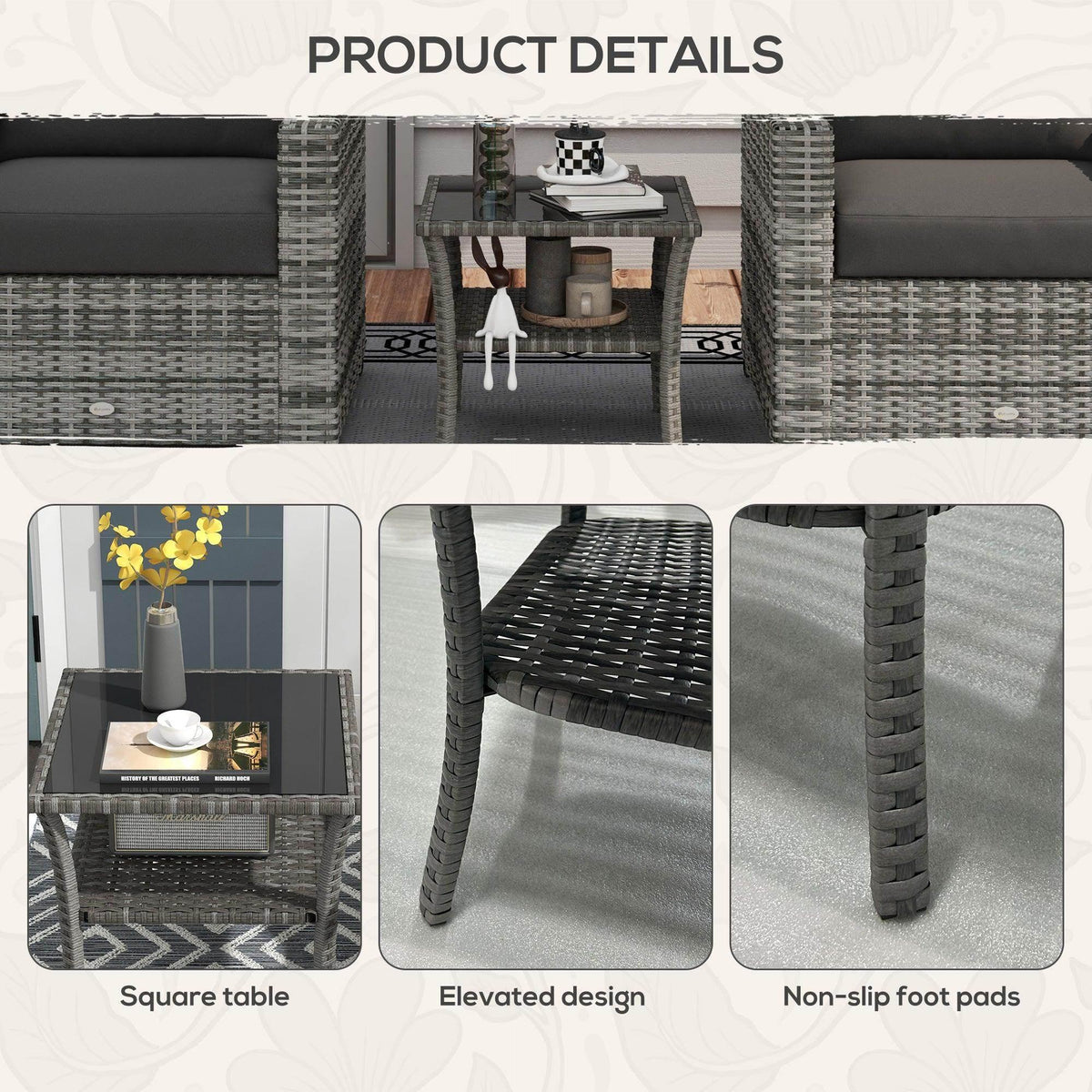 Grey PE rattan square coffee table with elevated two-tier design and non-slip feet