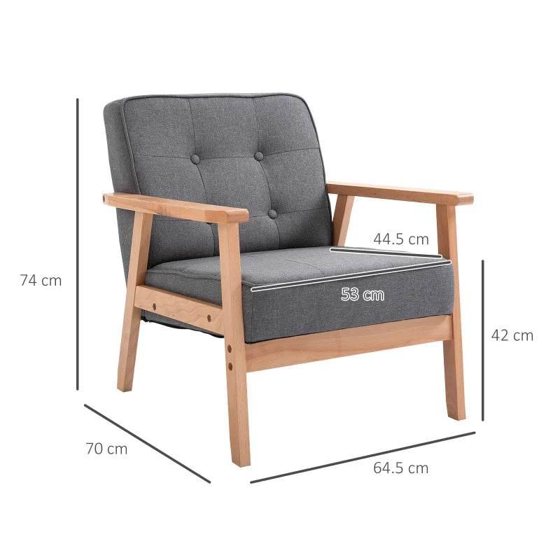 Grey tufted accent chair with beech wood frame; arm and seat dimensions shown.