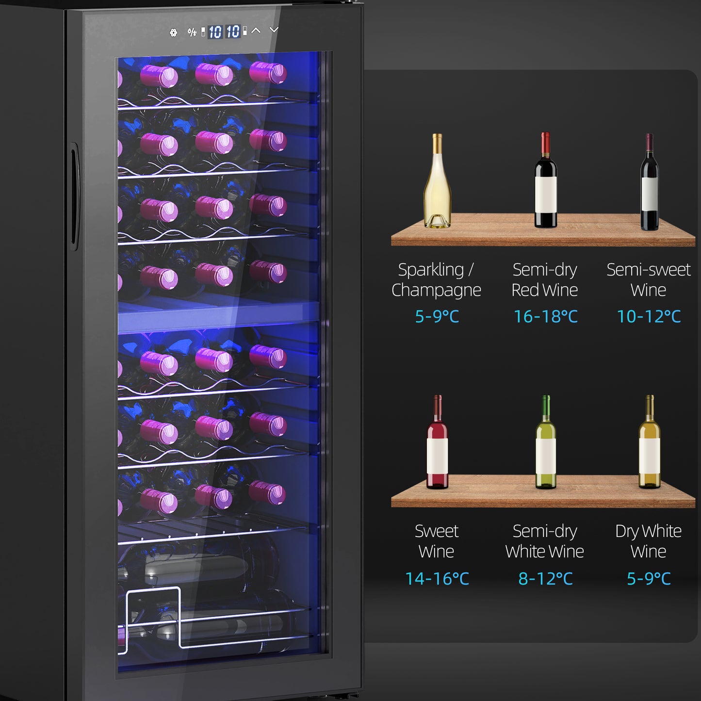 HOMCOM 32 Bottle Dual Zone Wine Fridge Black With Temperature Range Five To Eighteen Celsius And Eight Full Length Racks