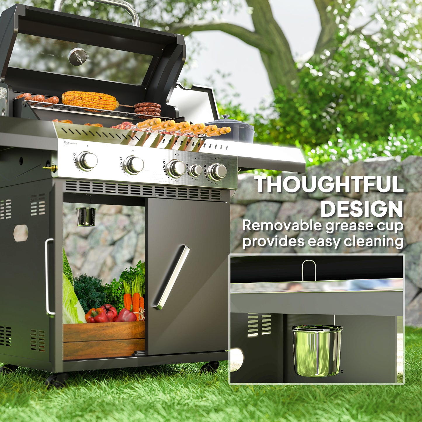 Outsunny 4 Plus 1 Burner Gas BBQ Grill With Clear View Lid Barbecue Grill Builtin Thermometer Side Table Cabinet Wheels