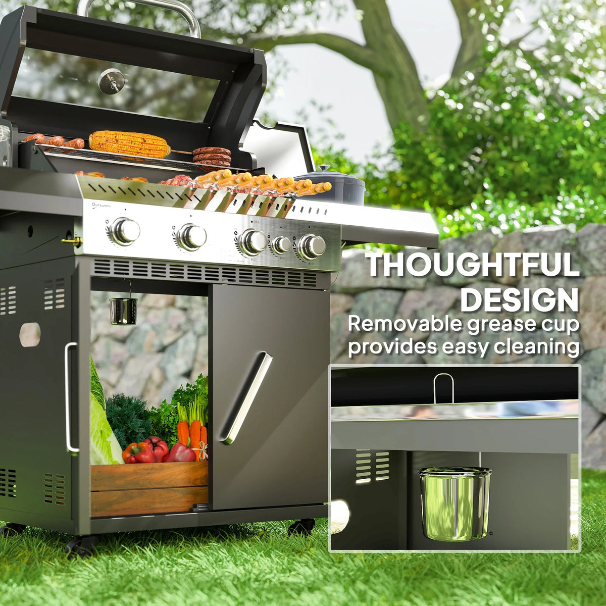 Gas grill with open lid, front control knobs, and removable grease cup for easy cleaning