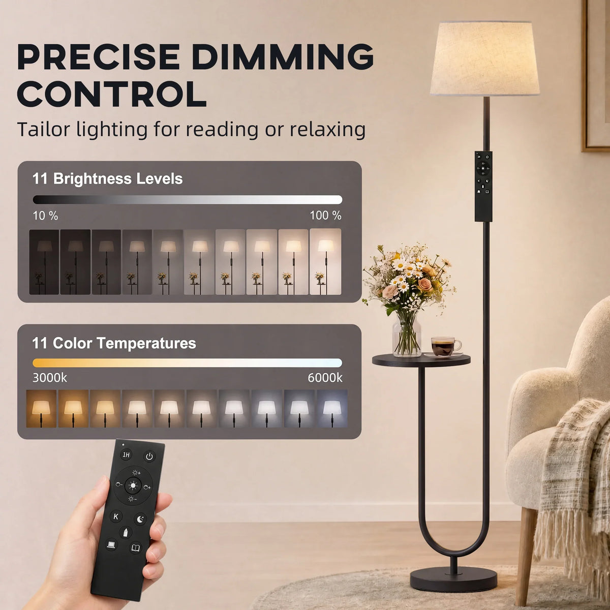 Dimmable floor lamp with remote control and linen shade above round side shelf