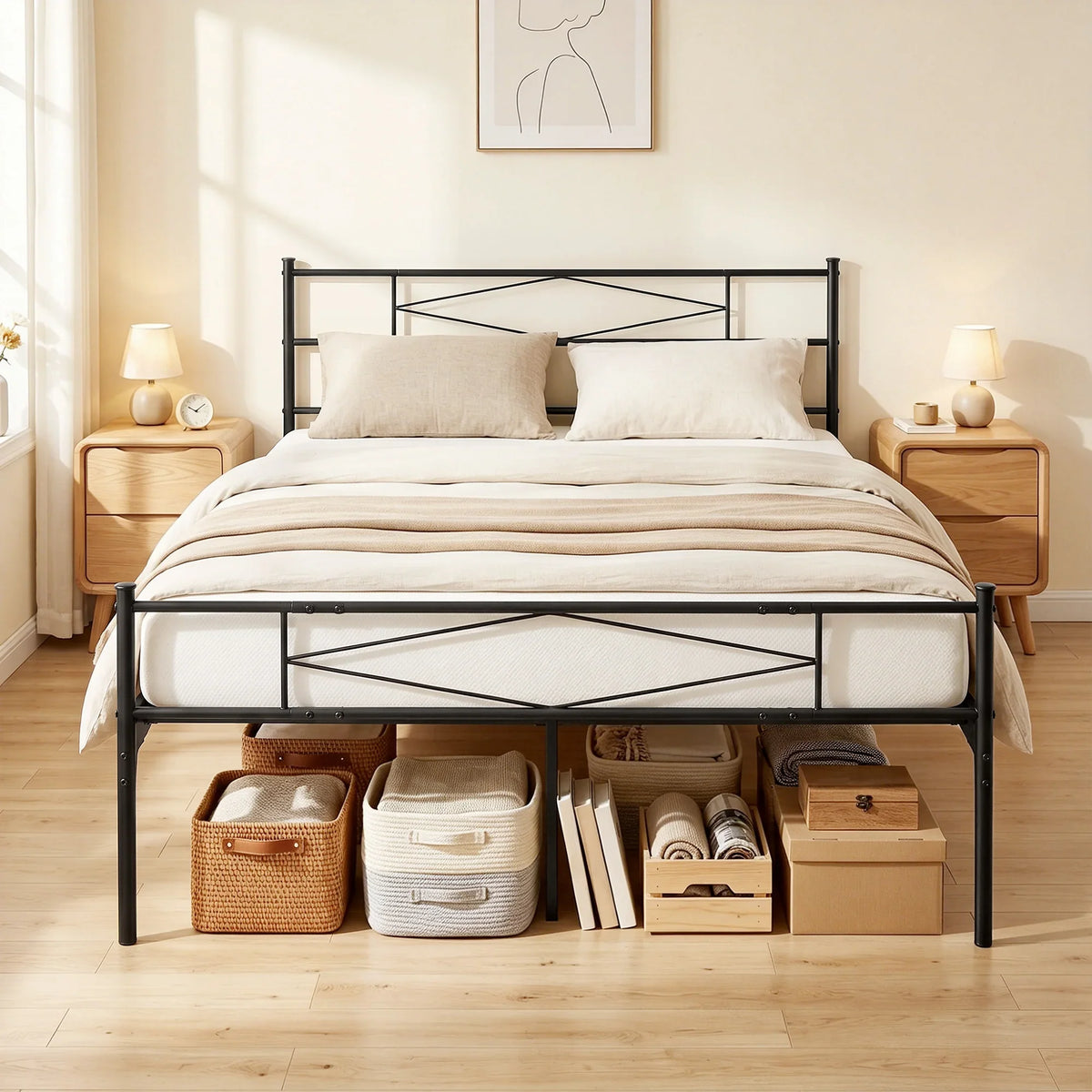 Black metal king bed frame with headboard, footboard, and underbed storage platform