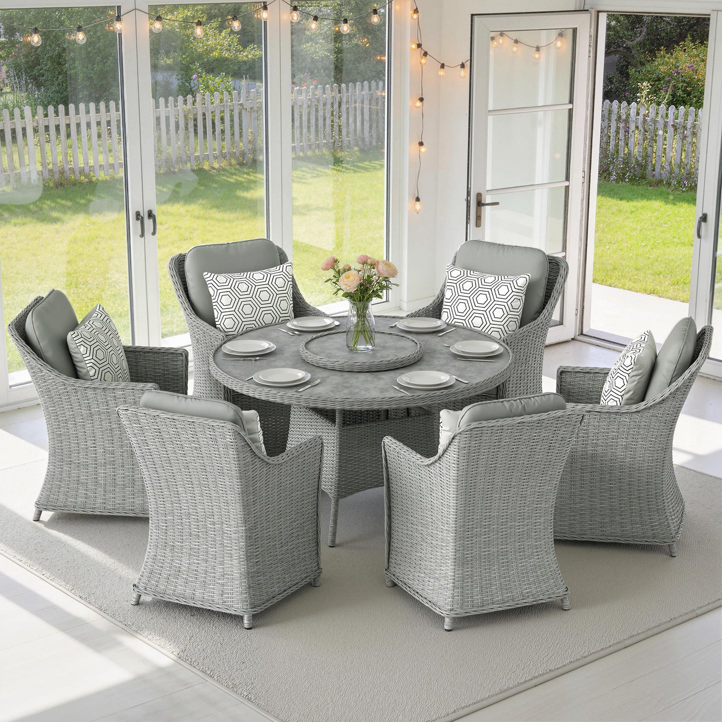 Outsunny Rattan Garden Dining Set With Turntable Marble Effect Glass Round Table And Aluminium Frame Chairs Grey