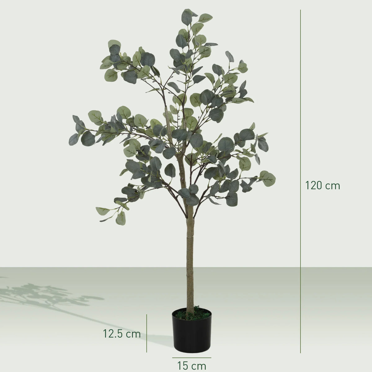 120 cm faux eucalyptus tree with gray-green leaves in a black pot, 15 cm base