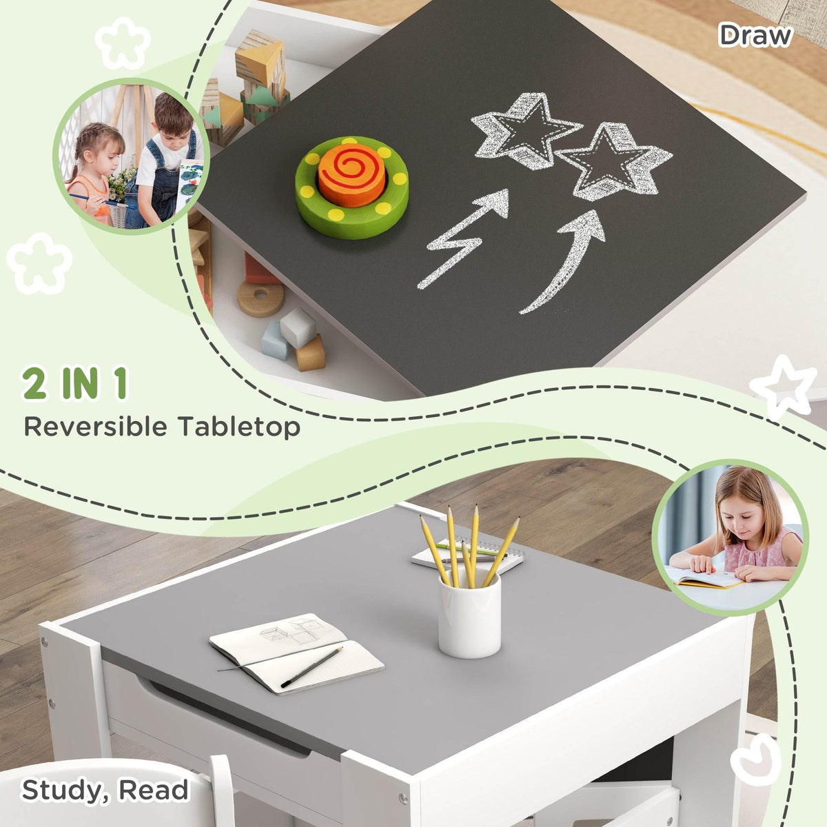 Kids table with reversible chalkboard tabletop for drawing and studying