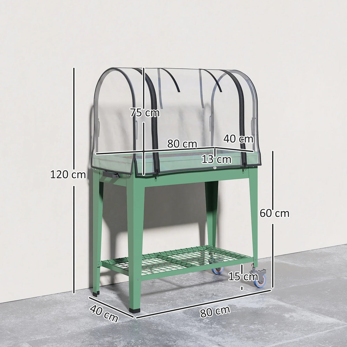 Green mobile elevated garden bed with arched greenhouse cover and bottom shelf