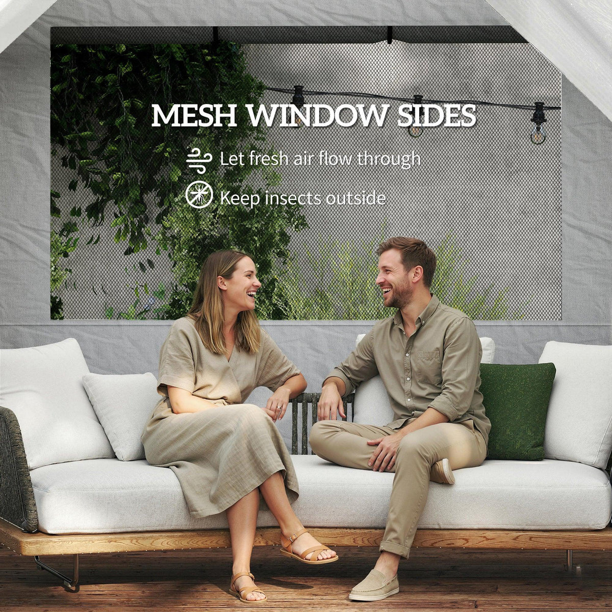 White gazebo with mesh window sidewalls for airflow and insect protection