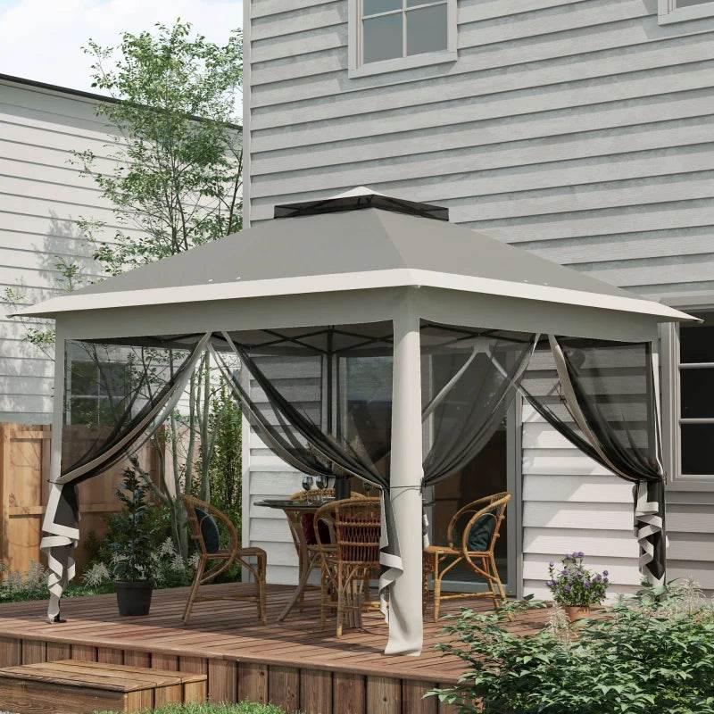 Dark grey pop-up canopy tent with double roof and zipped mesh sidewalls, open curtains