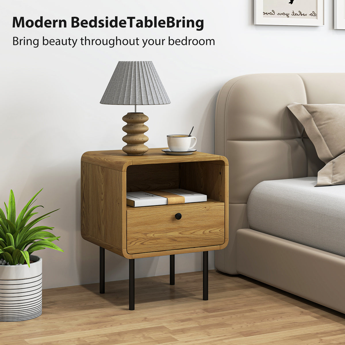 Modern wooden bedside table with open shelf and front drawer, black metal legs
