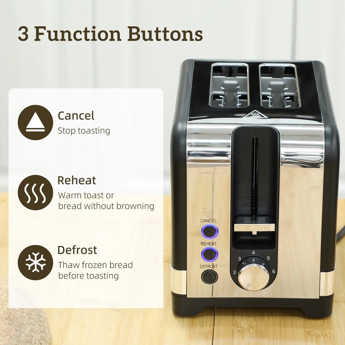 Matte black and stainless toaster with control buttons and browning knob