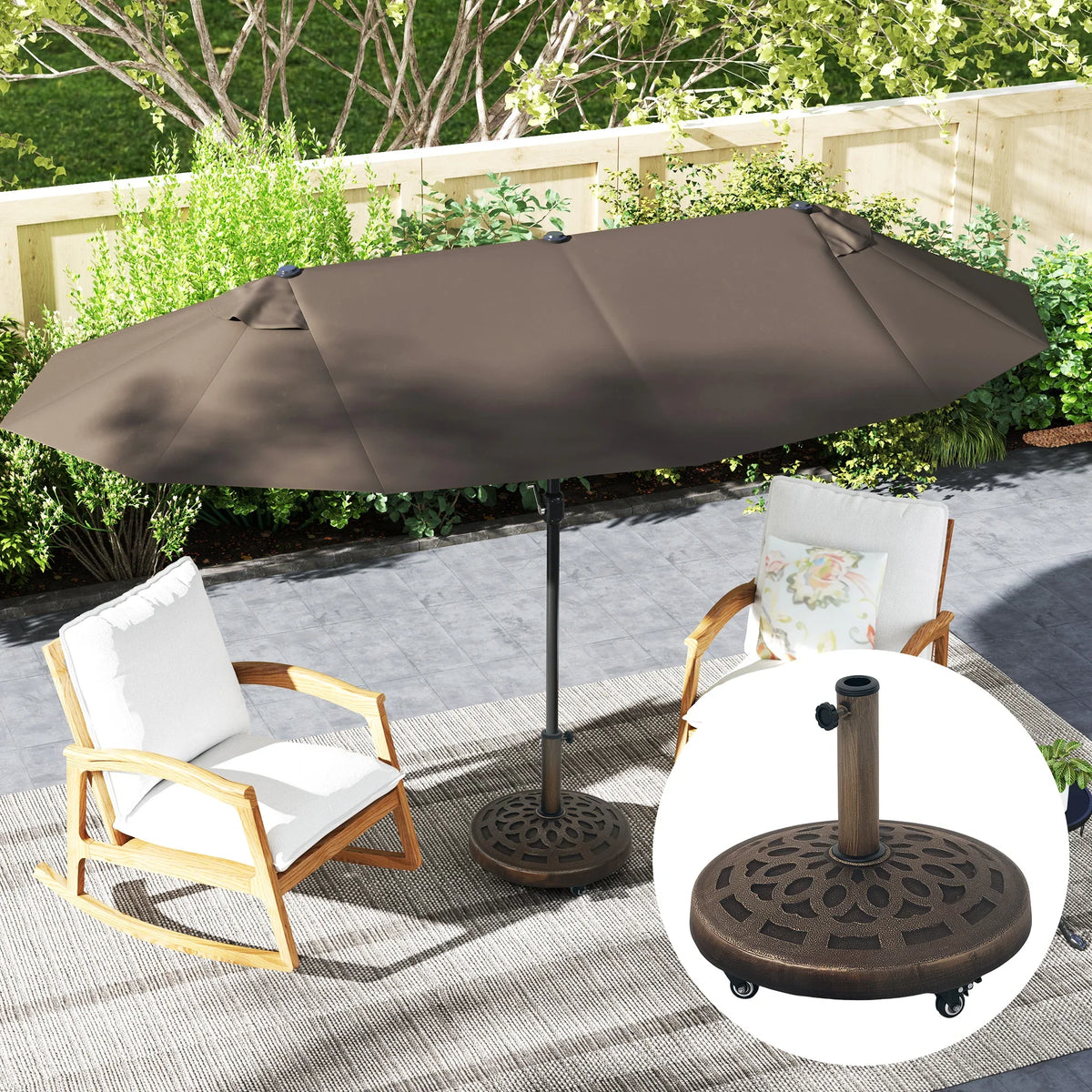 Bronze round umbrella base with wheels supporting an outdoor patio umbrella