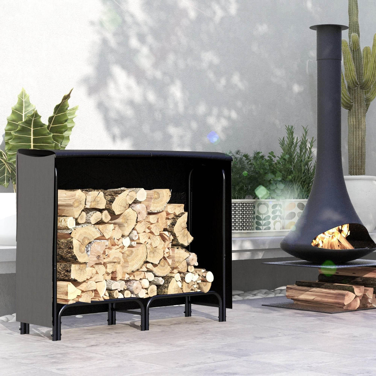 Black firewood storage rack with waterproof cover, open front showing stacked logs