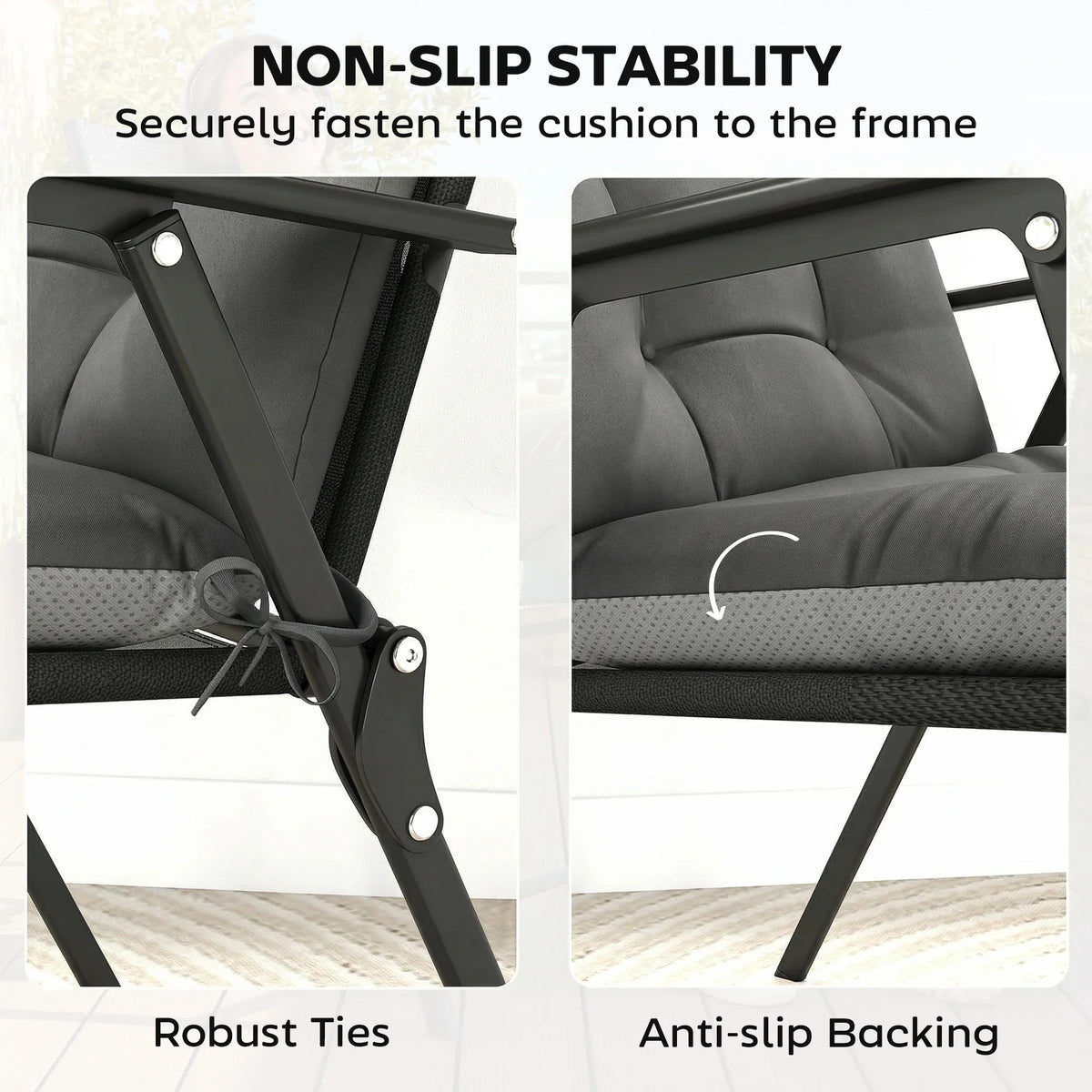 Dark grey patio chair cushion with anti-slip backing and secure tie straps