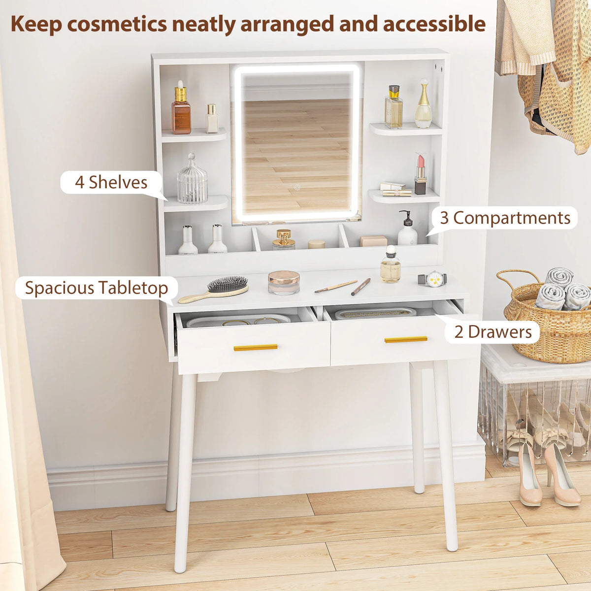 White vanity dressing table with LED mirror, 4 shelves, 3 compartments, and 2 drawers