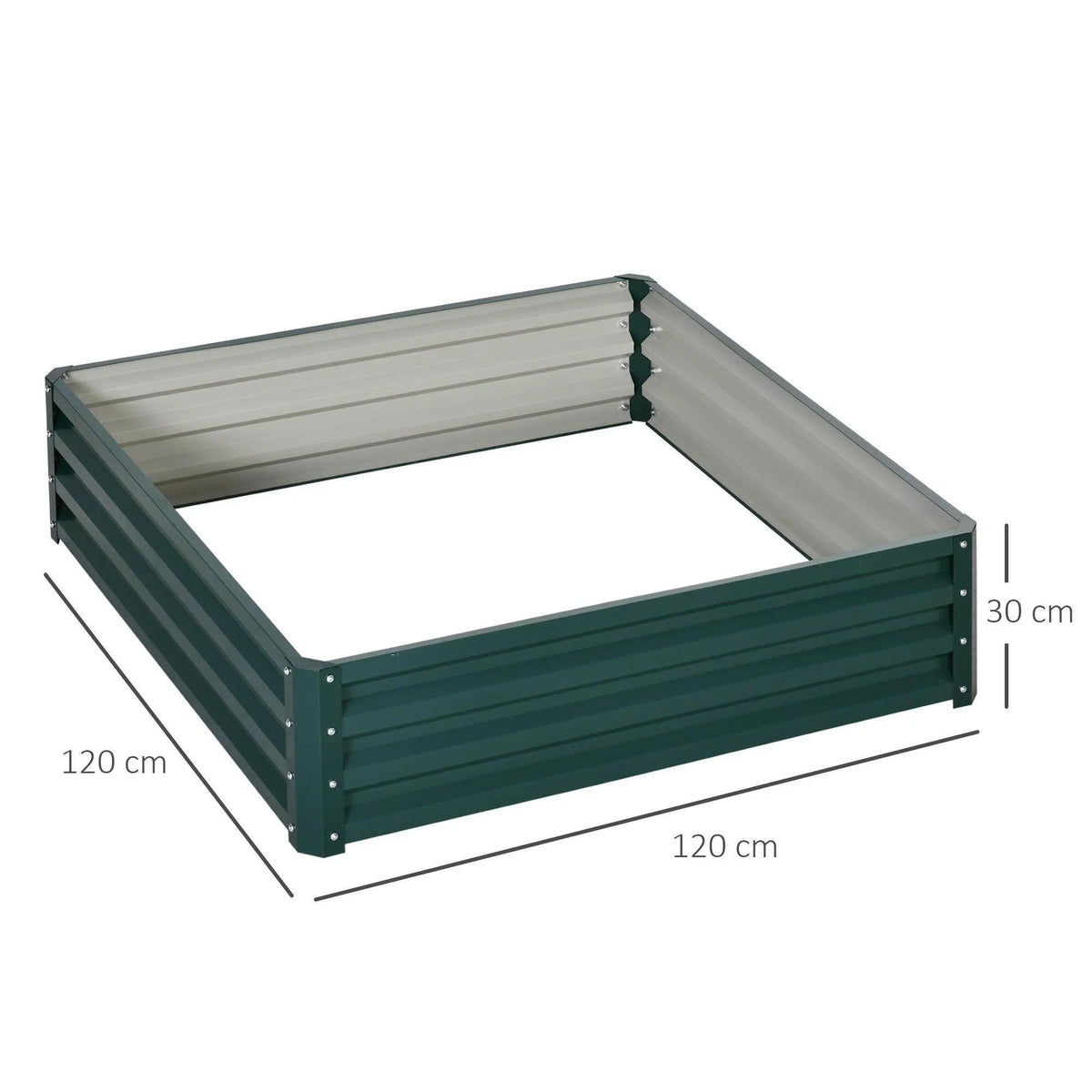 Green metal raised garden bed planter with open top and sturdy corner posts