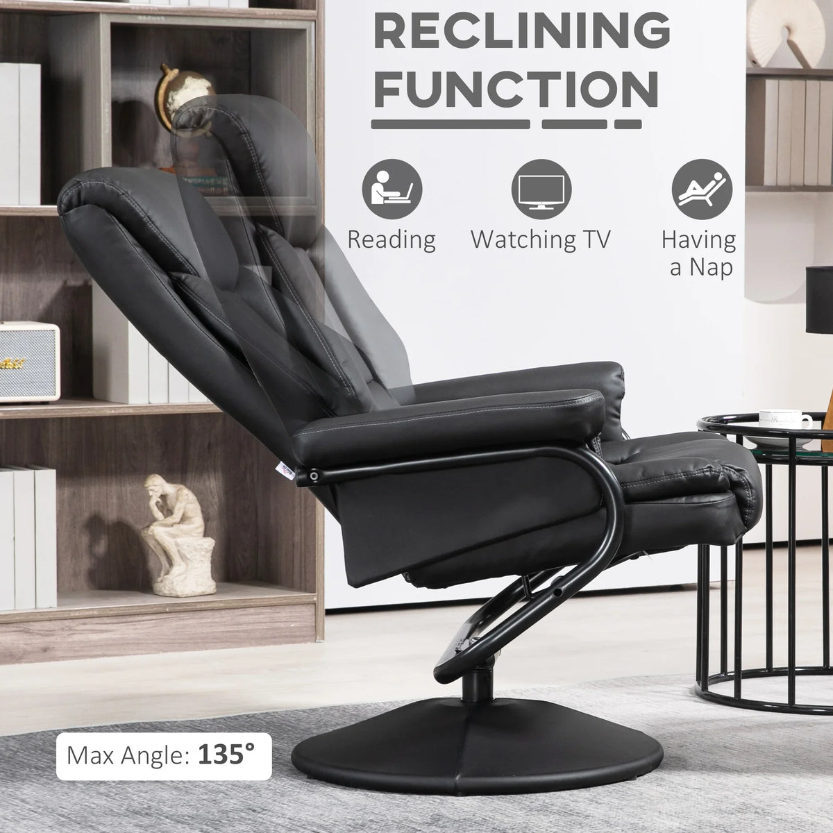 Black PU leather swivel recliner chair reclining on circular base with ottoman