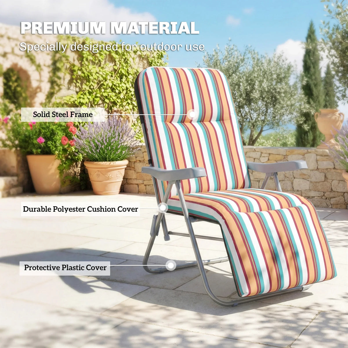 Striped foldable patio sun loungers set with padded cushions and protective cover