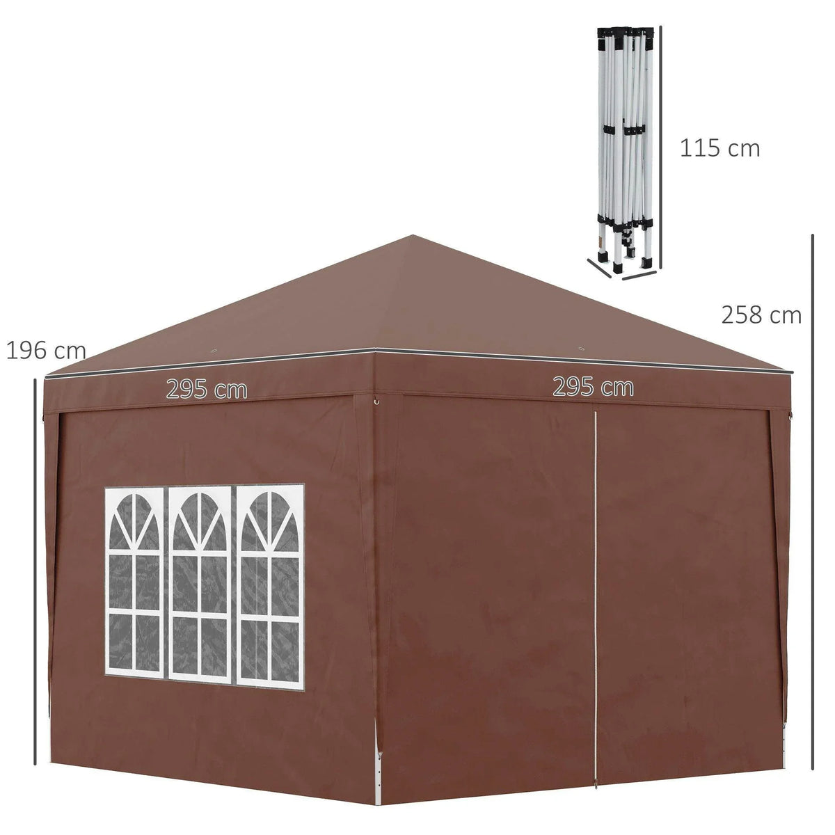 Coffee-brown pop-up gazebo with arched window panels and zippered door on sidewall