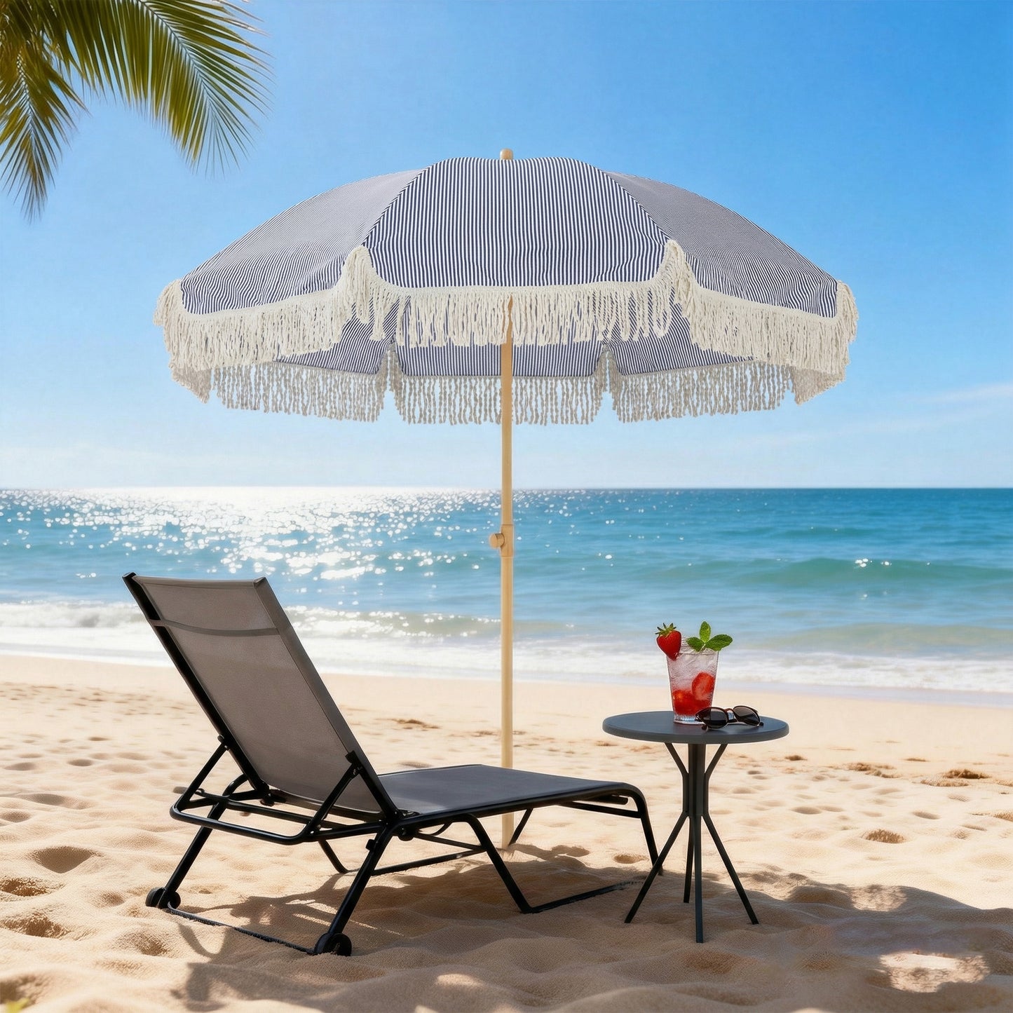 Outsunny 1.7m Beach Umbrella With Sand Anchor And 30 Degree Tilting Adjustable Height Fringed Parasol In Blue