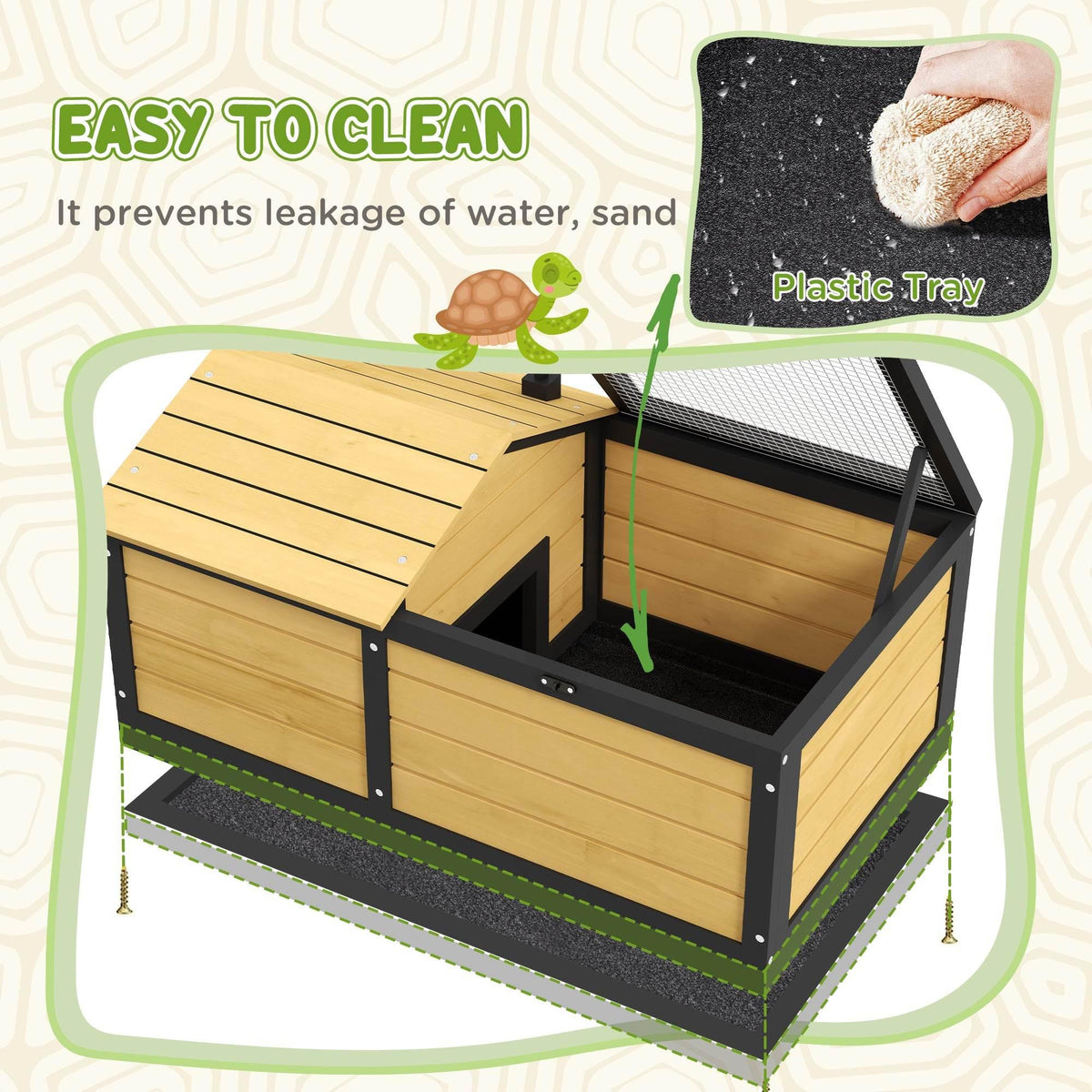 Yellow wooden reptile habitat with black base and removable plastic tray under the mesh top
