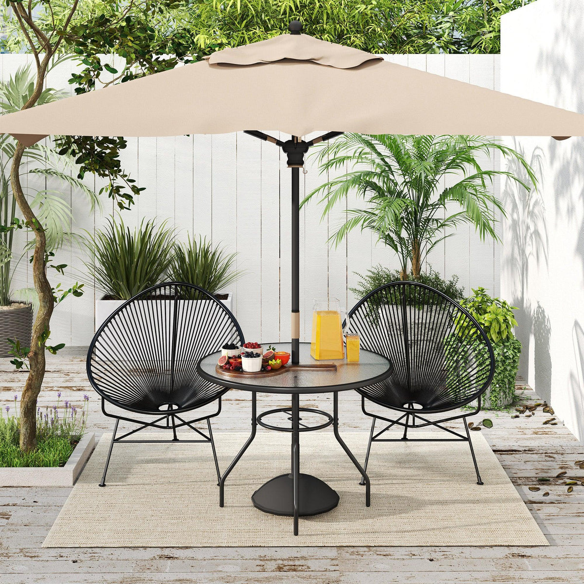 Round tempered glass outdoor bistro table with black steel frame and umbrella hole