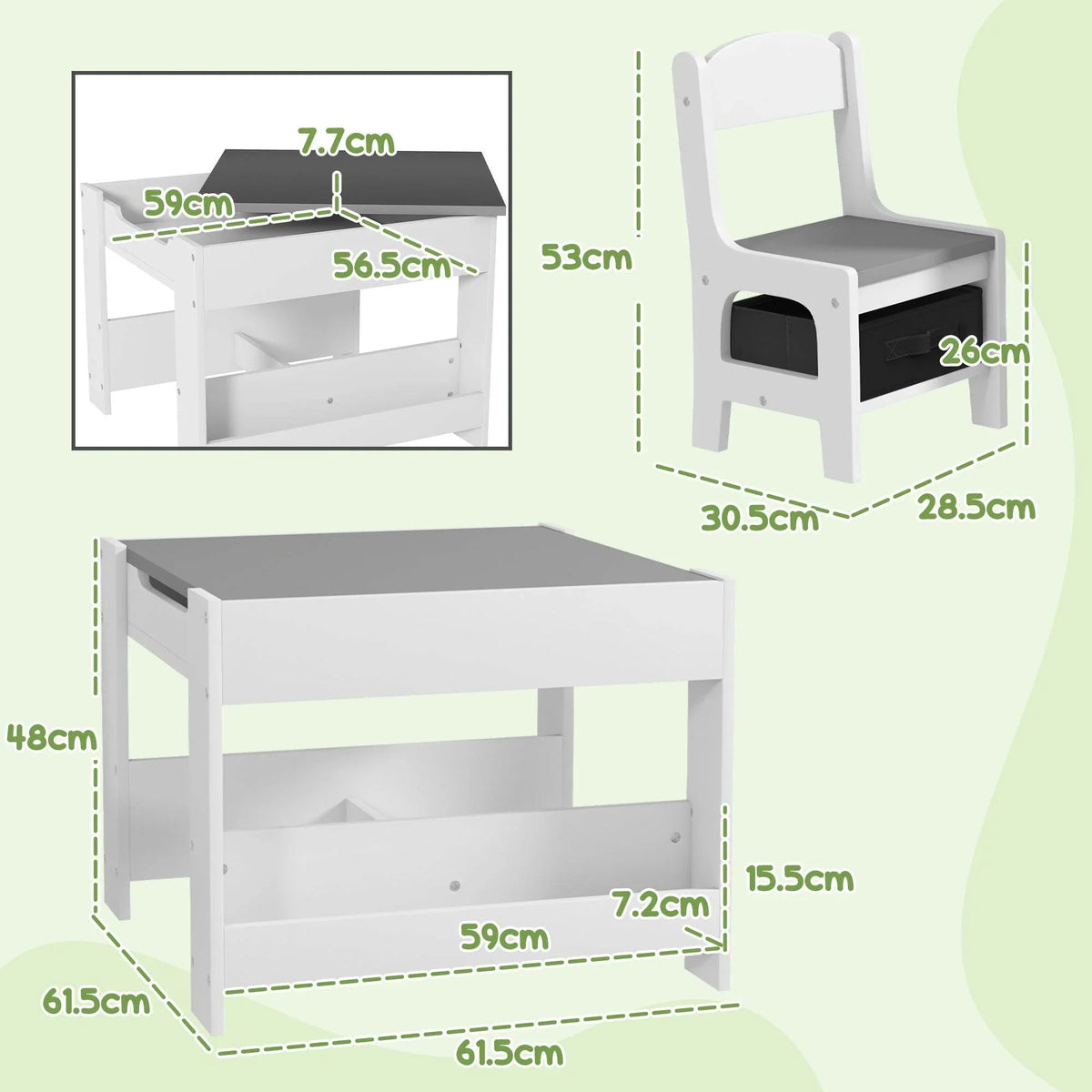 Kids white table with chalkboard top and two chairs, showing key measurements