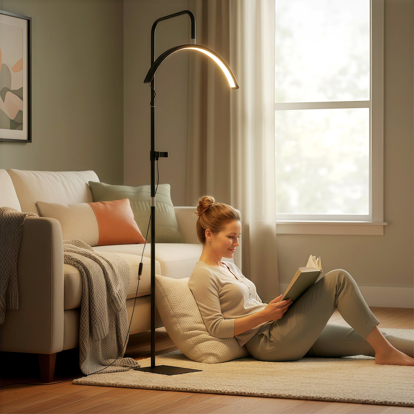 HOMCOM Half Moon Lash Light Floor Lamp With 350 Degree Rotatable Head 7 Color Temperatures Dimmable Phone Holder Black