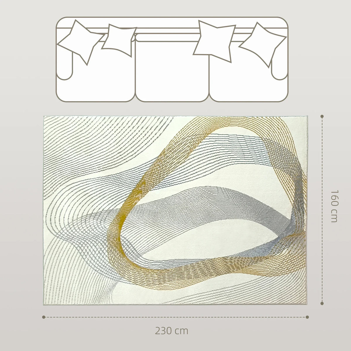 Cream and gray area rug pattern with gold swoosh and circular geometric lines