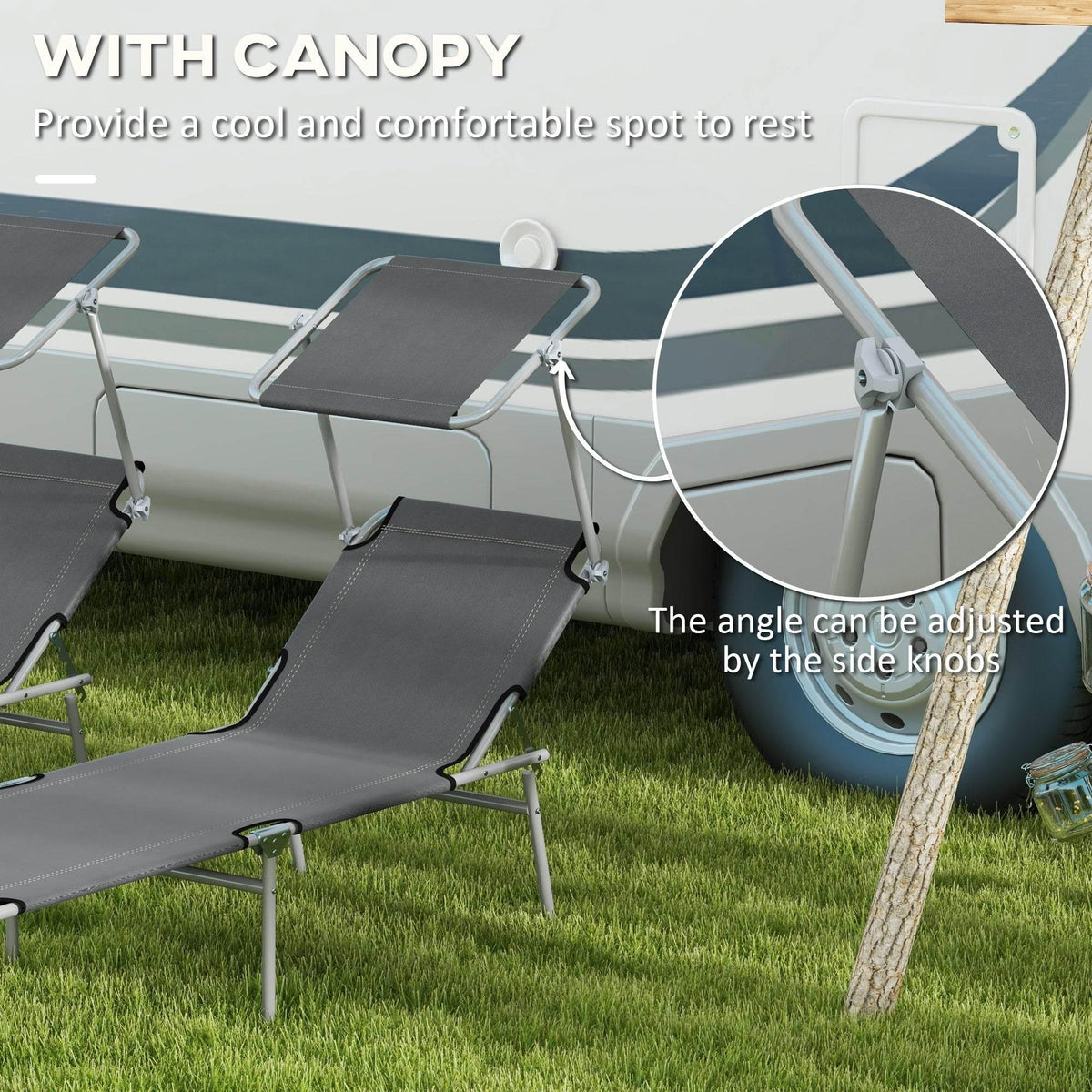 Grey reclining sun lounger with canopy shade, armrests, and side adjustment knobs