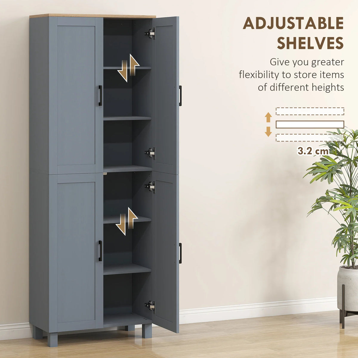 Grey cabinet interior with adjustable shelves and hinge supports, showing 3.2 cm gaps
