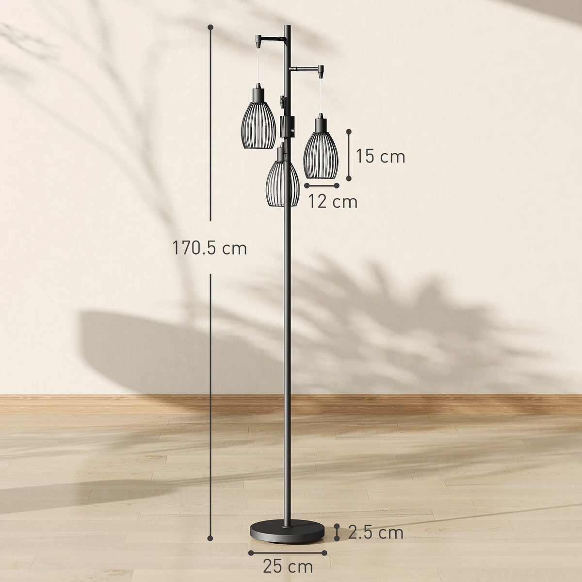 Black tall floor lamp with round base and three wire cage lampshades