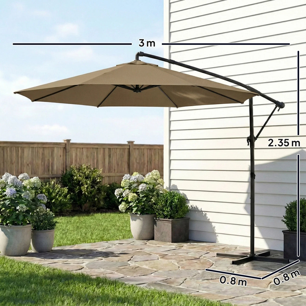 Khaki cantilever parasol with tilt pole and open canopy in outdoor patio corner