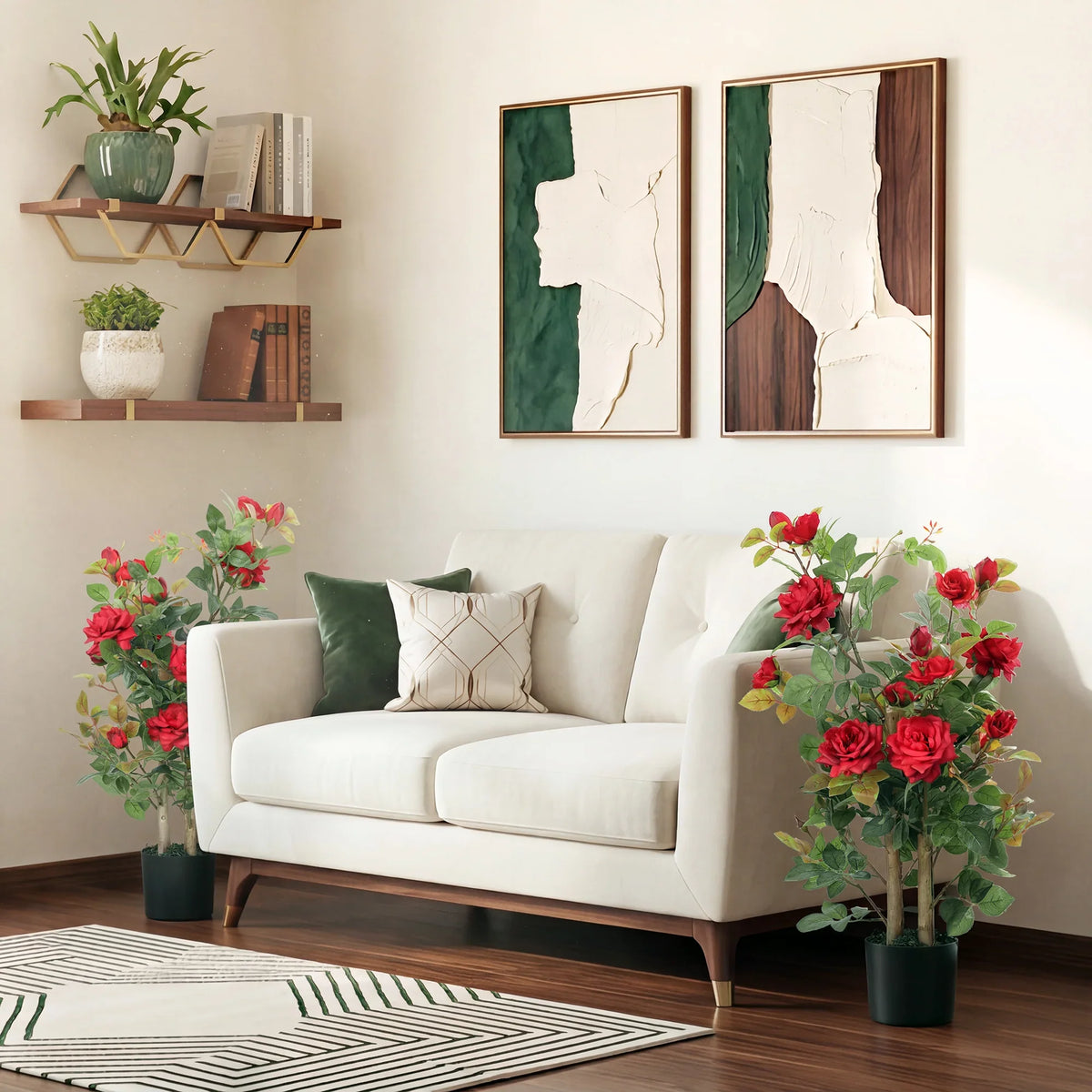 Tall artificial rose tree with red blooms and green leaves, in a black pot
