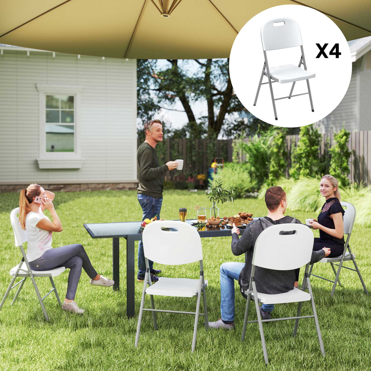 Set of four white foldable outdoor chairs with gray steel legs and carry handles.
