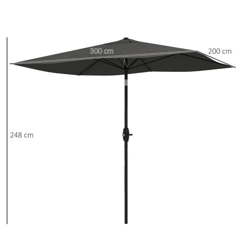 Rectangular garden parasol umbrella in dark grey with labeled dimensions and pole