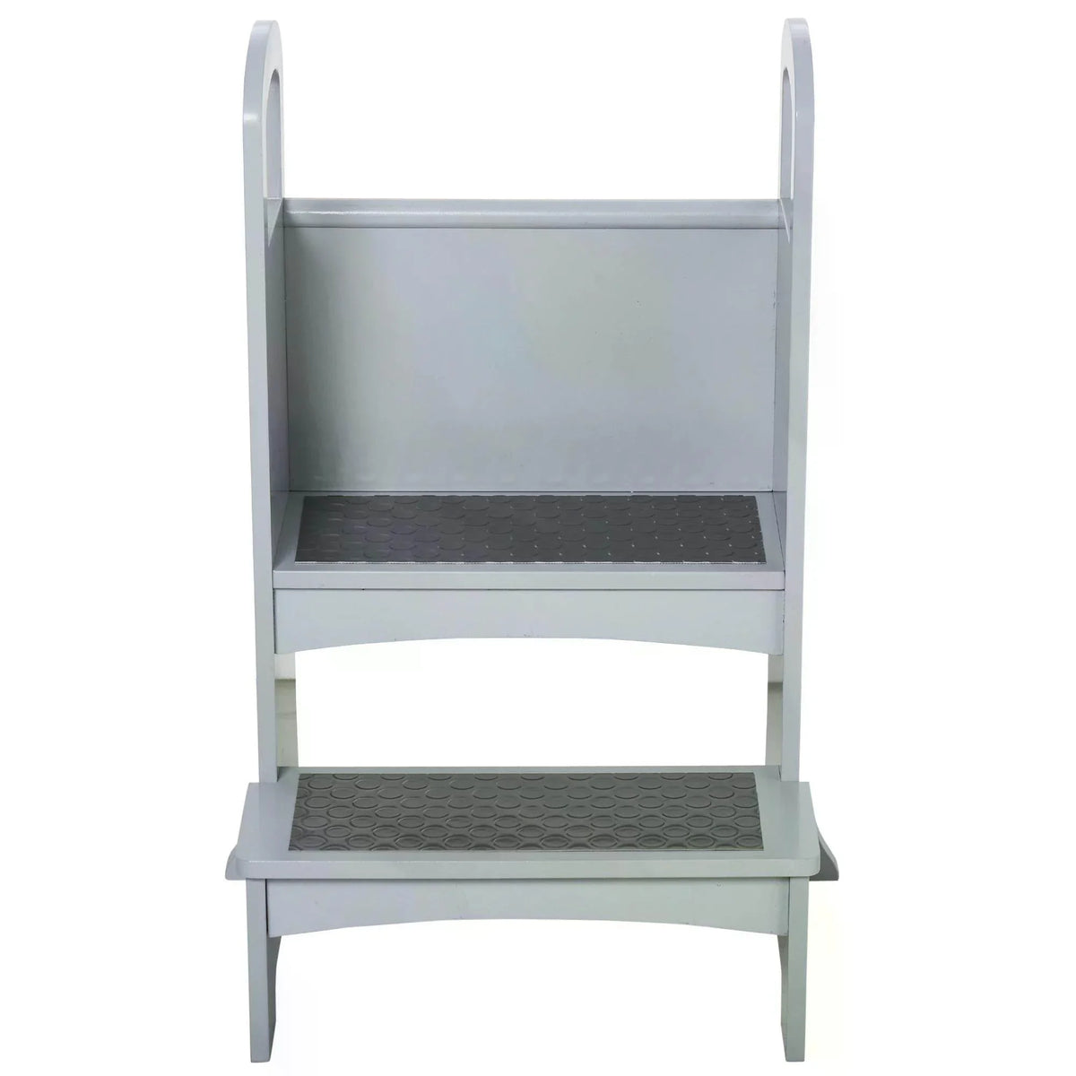 Grey wooden step stool front view with safety handles and two non-slip steps