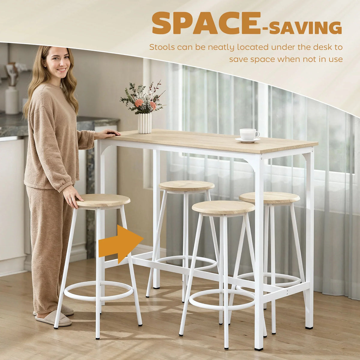 Space-saving bar table with four stools and metal frames, natural wood seats.