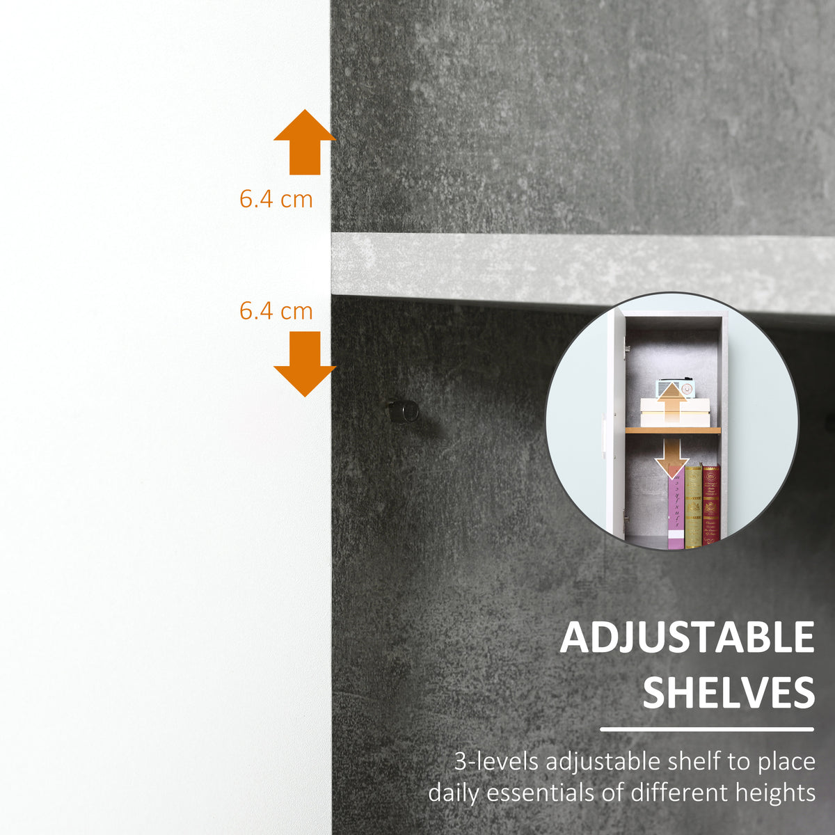 Close-up of grey interior showing adjustable shelf positions inside the cabinet