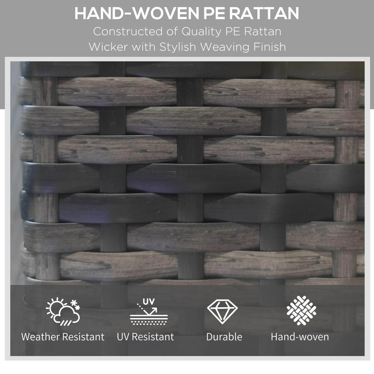 Close-up of dark hand-woven PE rattan wicker material for an outdoor chaise frame