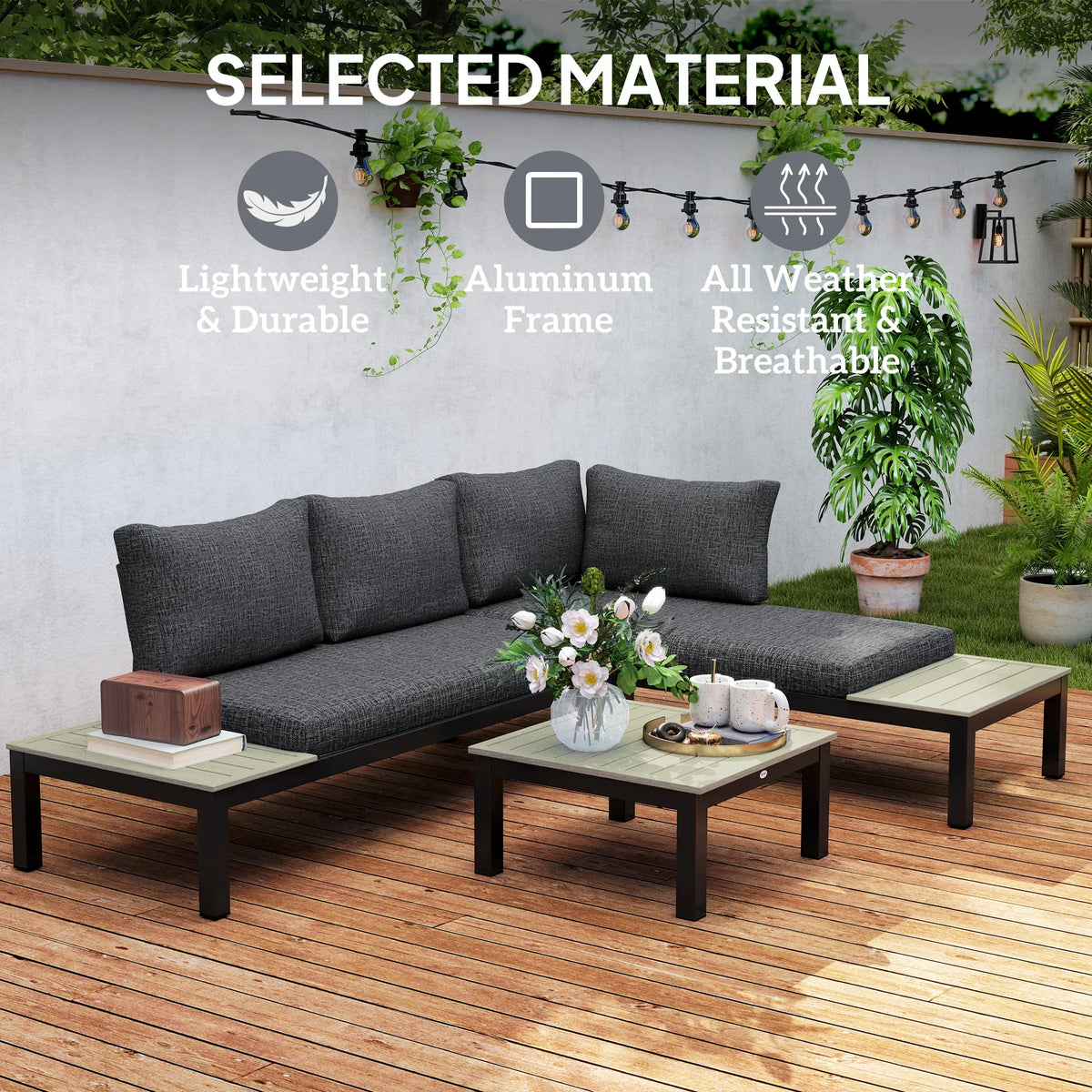 Dark gray outdoor corner sofa with padded cushions and square coffee table, black metal legs